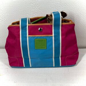 Coach Hampton Weekend Colorblock Nylon Canvas Tote Bag Pink Blue